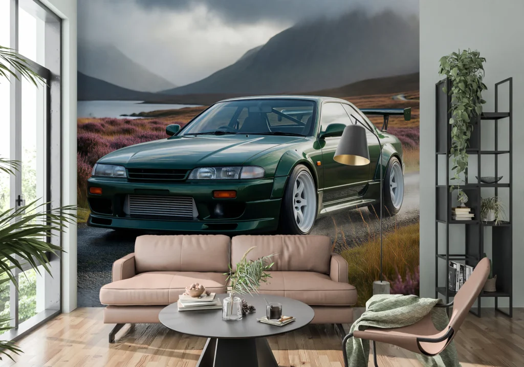 Ciemnozielone coupe na wilgotnej drodze wśród fioletowych wrzosowisk i gór Szkocji.