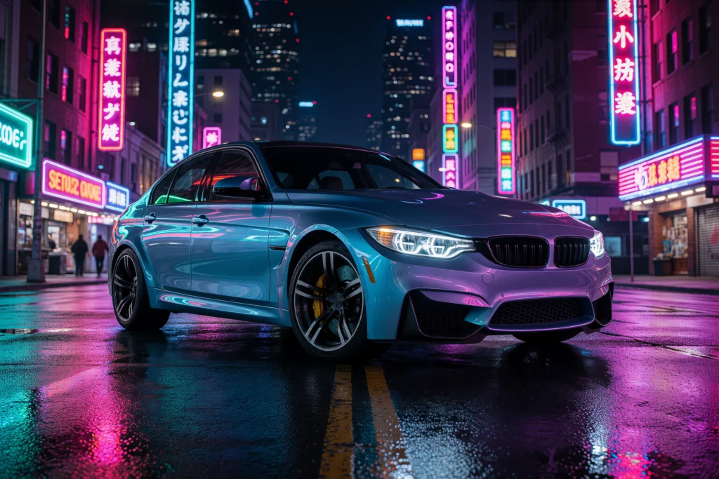 BMW w srebrno-fioletowym lakierze na mokrej ulicy nocnego miasta, w świetle neonów.