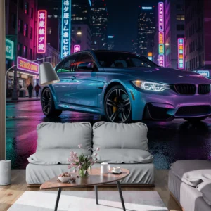 Fototapeta samochód BMW w Neonach Miasta: BMW w srebrno-fioletowym lakierze na mokrej ulicy nocnego miasta, w świetle neonów.