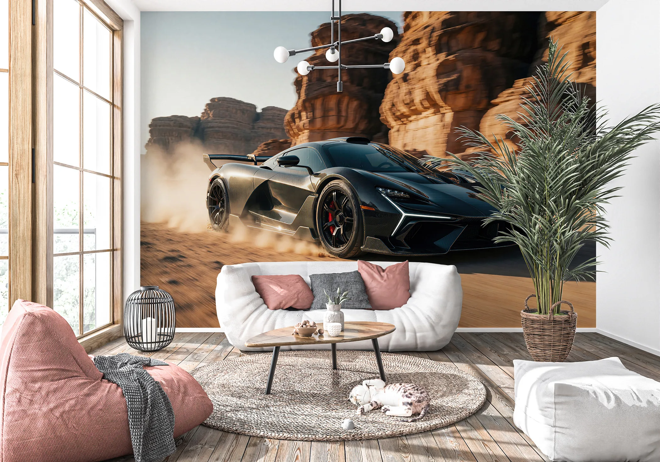Fototapeta Czarne Auto Sportowe wśród Skał w eleganckim wnętrzu