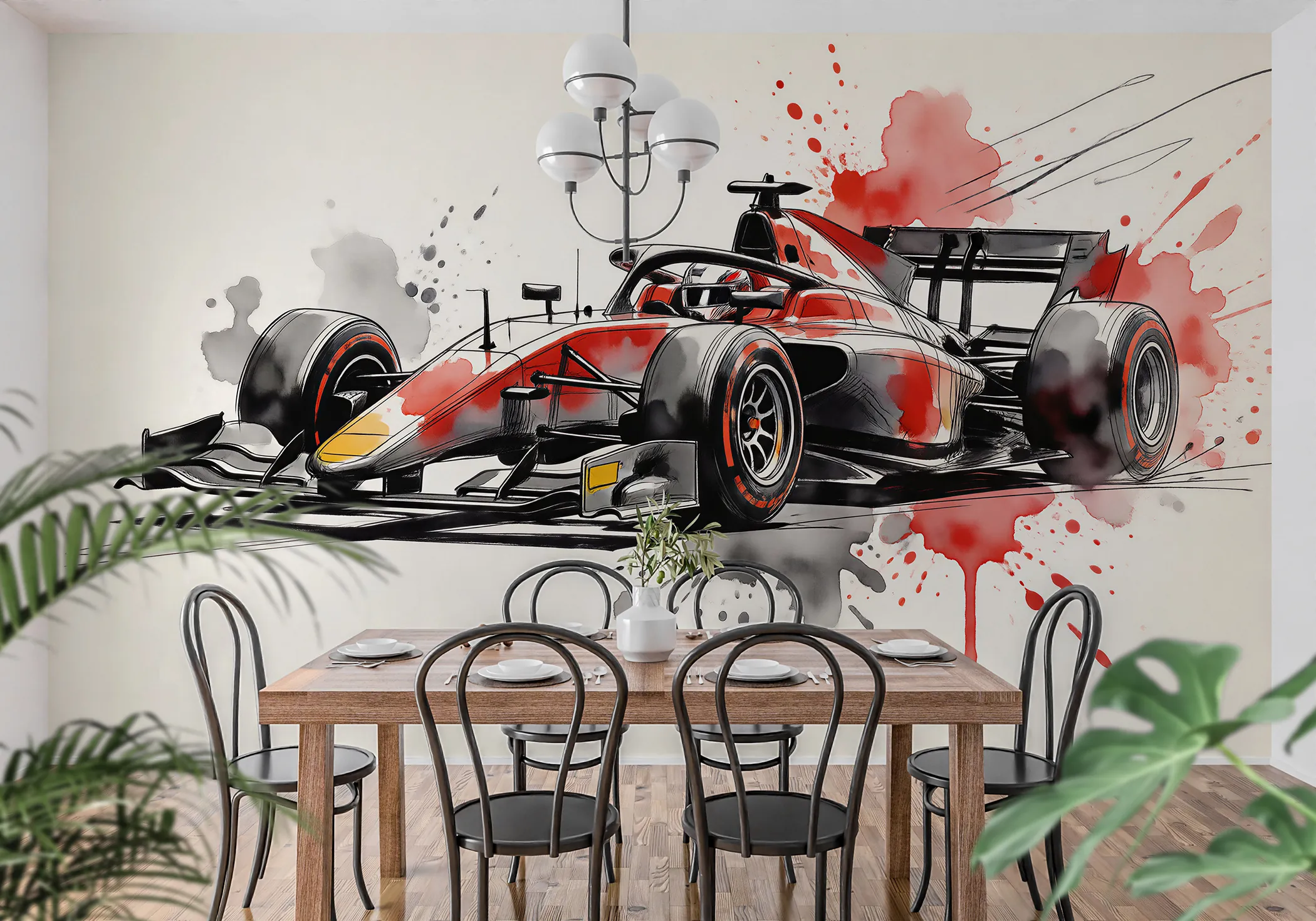 Fototapeta Szkic Bolidu Tuszem i Akwarelą w eleganckim wnętrzu