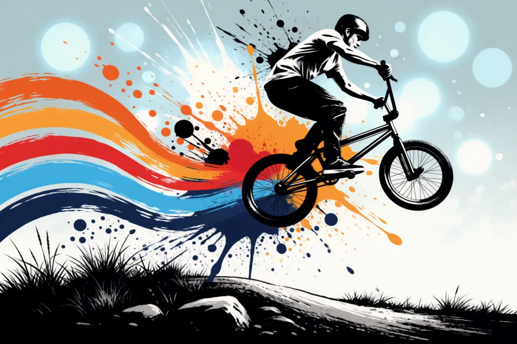 Rowerzysta BMX w skoku, graficzna czarno-biała sylwetka na tle kolorowych wstęg farby i rozbryzgów.