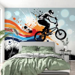 Fototapeta rower BMX w Kolorowych Wstęgach: Rowerzysta BMX w skoku, graficzna czarno-biała sylwetka na tle kolorowych wstęg farby i rozbryzgów.