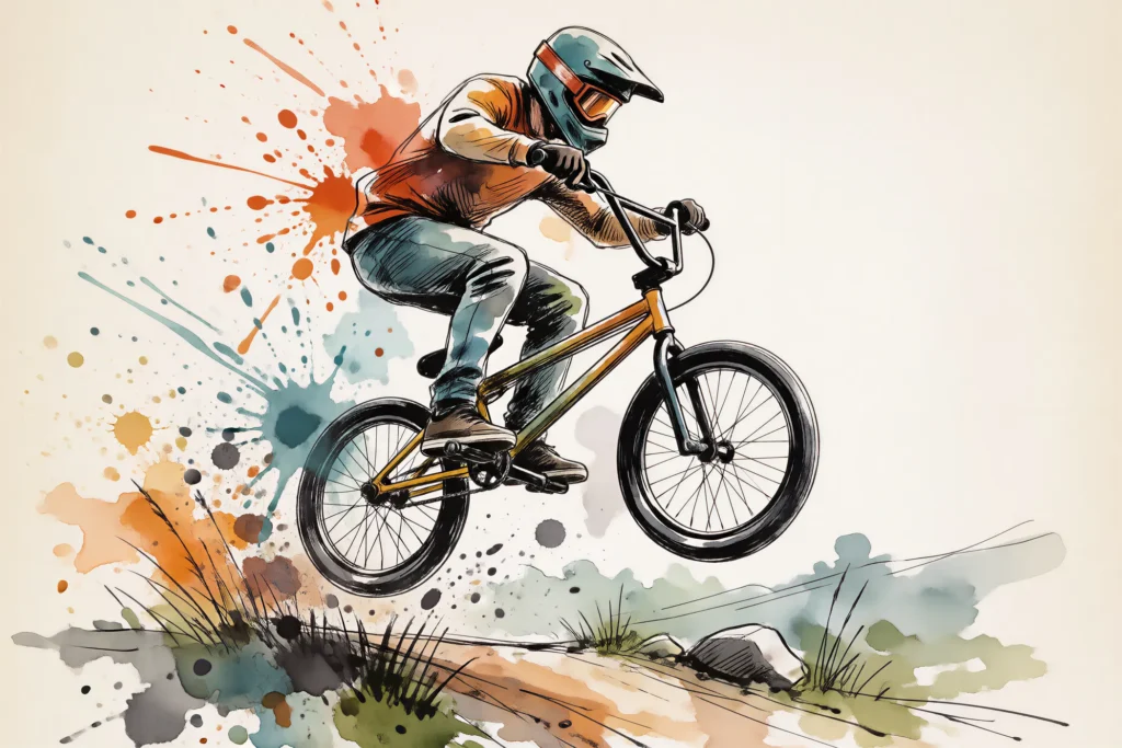 Rowerzysta BMX w kasku i goglach w skoku, narysowany tuszem i akwarelą na kremowym papierze.