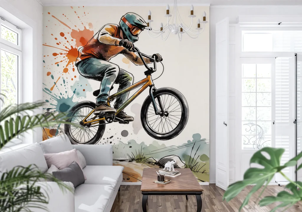 Rowerzysta BMX w kasku i goglach w skoku, narysowany tuszem i akwarelą na kremowym papierze.