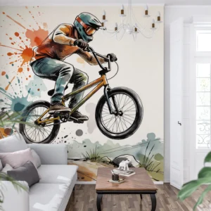 Fototapeta rower BMX Tuszem i Akwarelą: Rowerzysta BMX w kasku i goglach w skoku, narysowany tuszem i akwarelą na kremowym papierze.