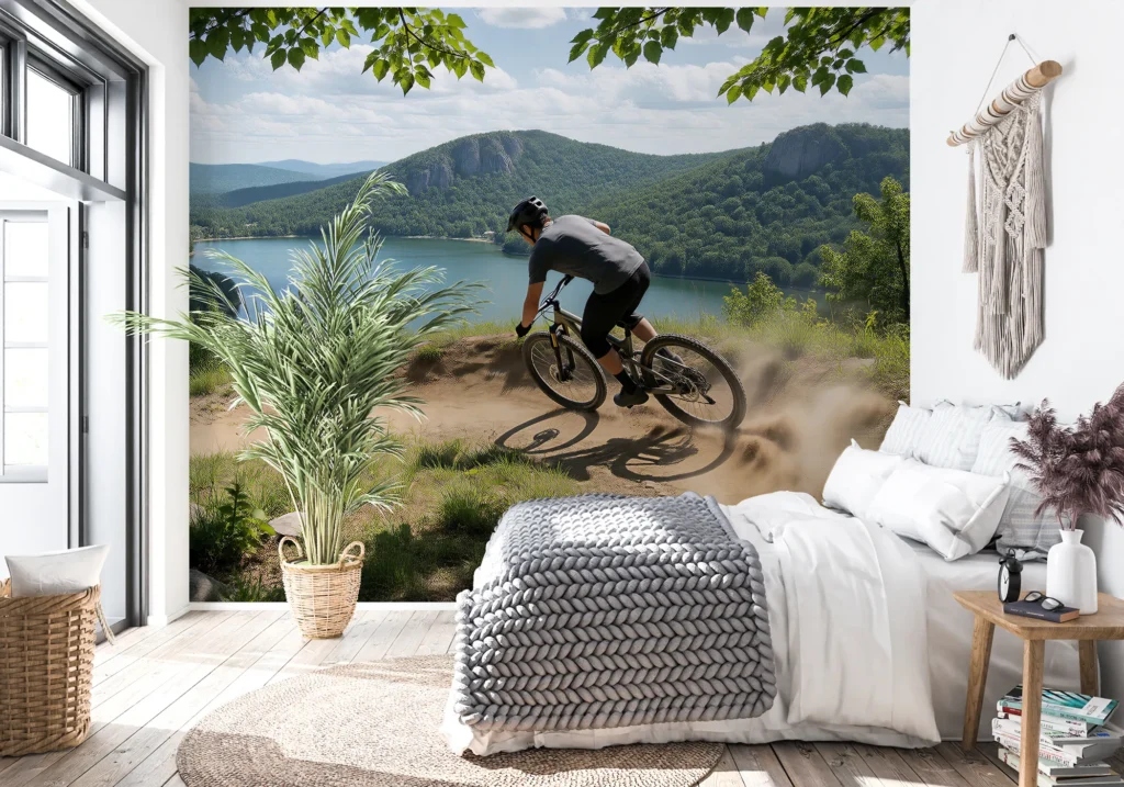 Rowerzysta na rowerze górskim na bandzie ścieżki nad jeziorem otoczonym zalesionymi górami.