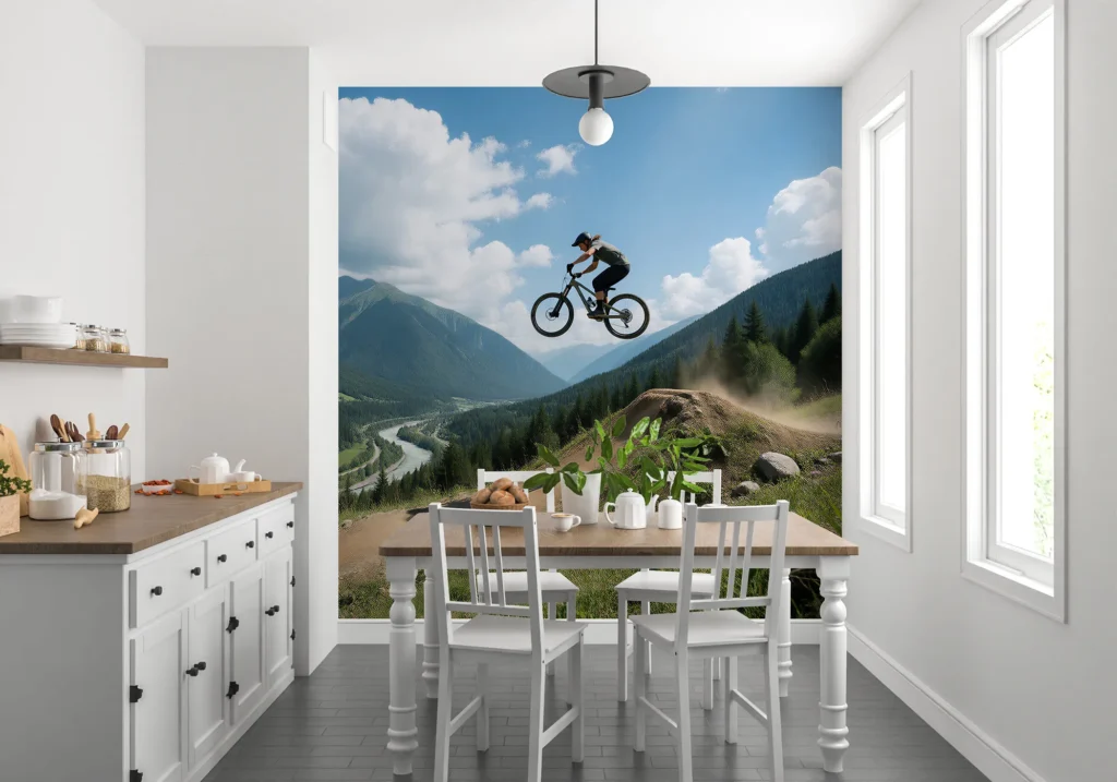 Rowerzystka w skoku z hopy nad górską doliną z rzeką, lasami i letnim niebem.