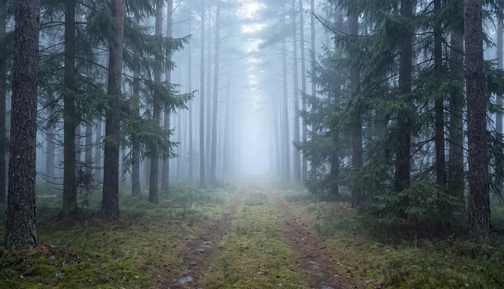 Leśna droga w sosnowym lesie spowitym chłodną, błękitną mgłą.