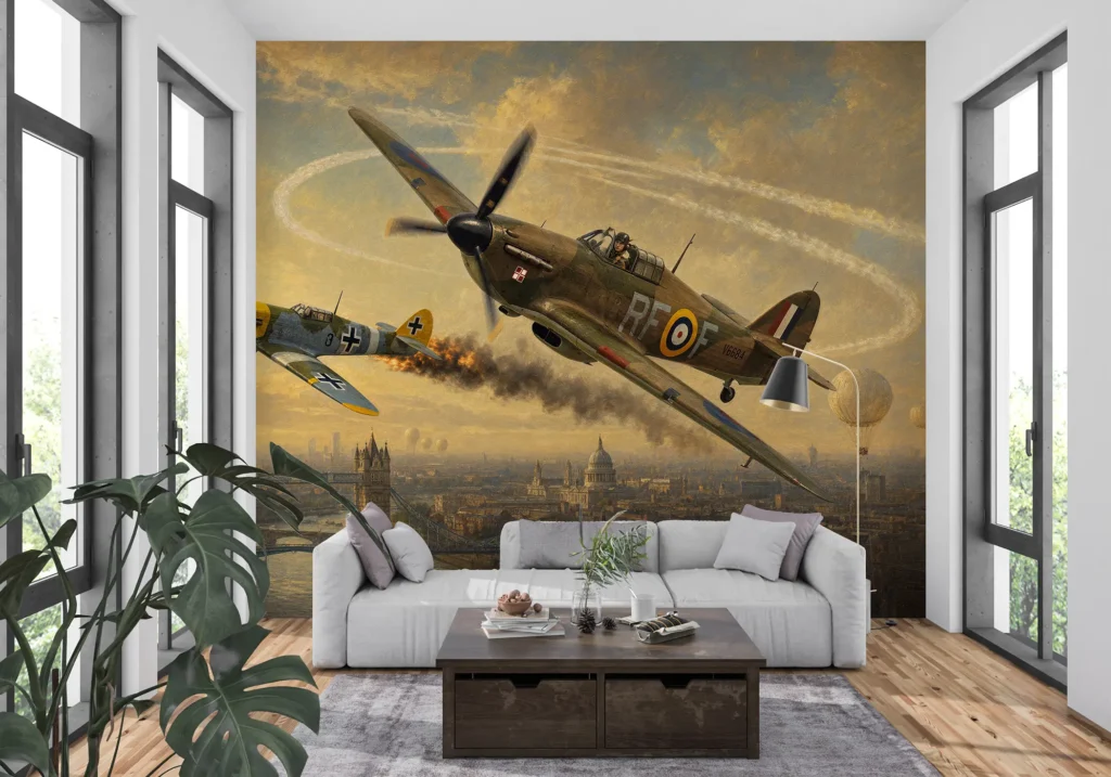 Hurricane Dywizjonu 303 w ostrym wirażu nad Tower Bridge i Tamizą, w pościgu za dymiącym Bf 109.
