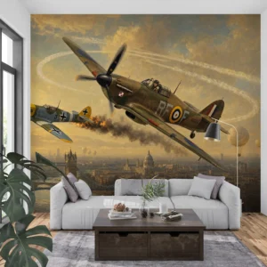 Fototapeta samolot wojskowy Hurricane nad Tower Bridge: Hurricane Dywizjonu 303 w ostrym wirażu nad Tower Bridge i Tamizą, w pościgu za dymiącym Bf 109.