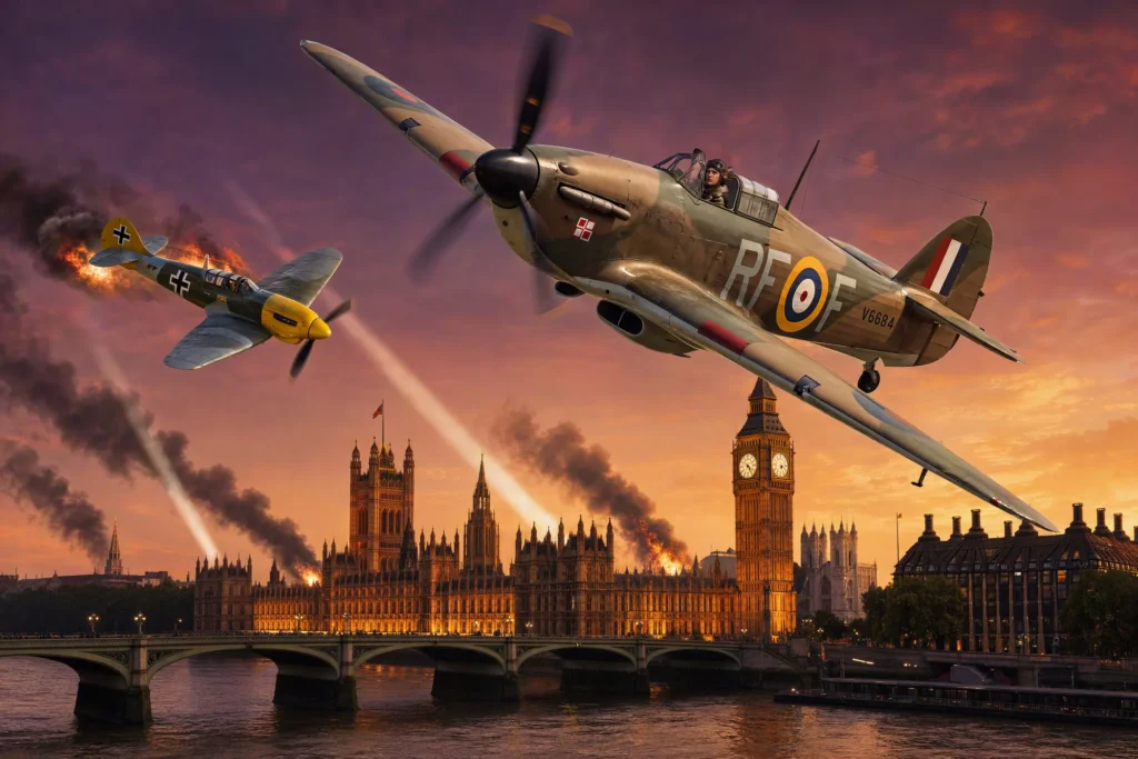 Hurricane nad płonącym Londynem o zachodzie słońca, z Big Benem i Pałacem Westminsterskim w tle.