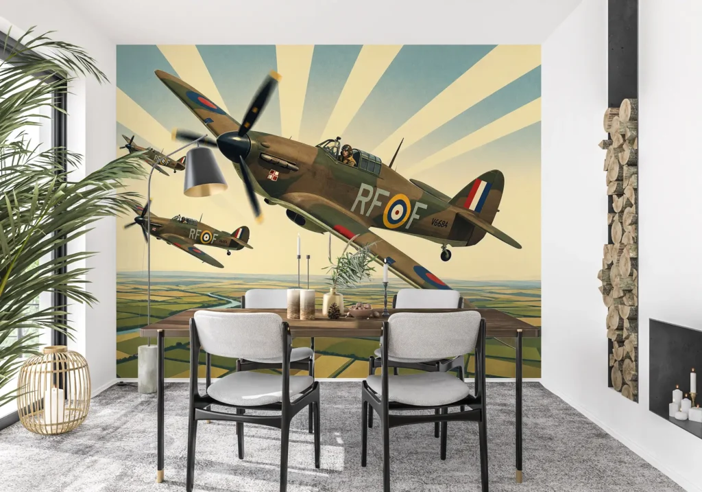 Hurricane Dywizjonu 303 na tle promienistego nieba w stylu plakatu retro, nad polami i rzeką.