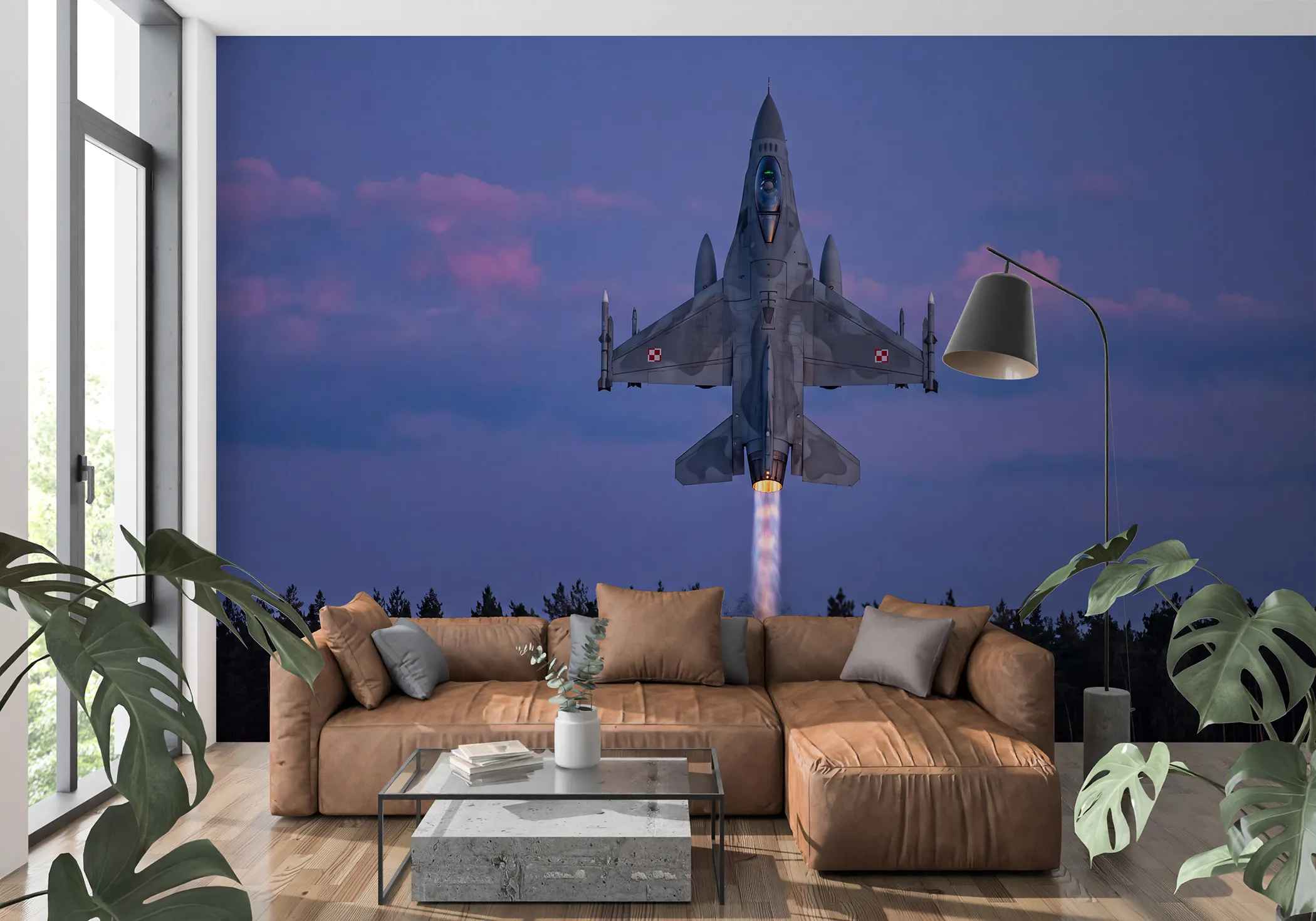 Fototapeta F-16 w pionie z dopalaczem w eleganckim wnętrzu