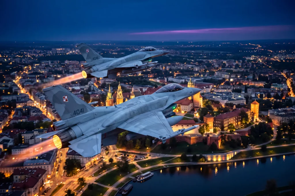 Dwa F-16 Jastrząb z rozżarzonymi dopalaczami nad nocnym Krakowem, Wawelem i Wisłą.