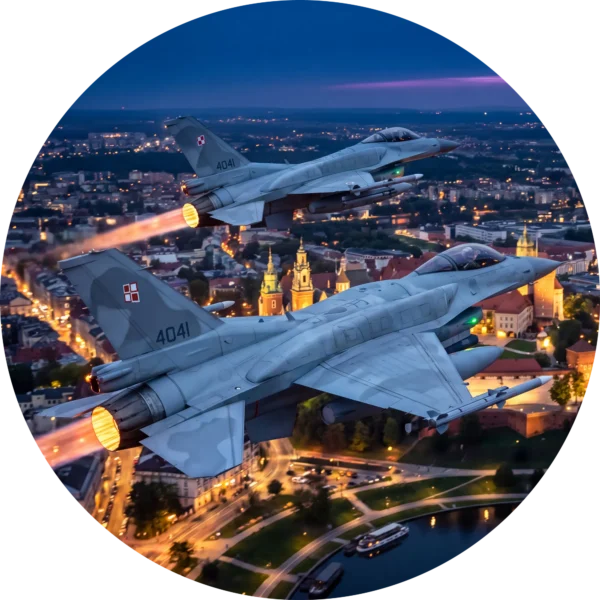Naklejka koło F-16 nad Krakowem nocą – wzór Naklejka koło F-16 nad Krakowem nocą – płaski wzór