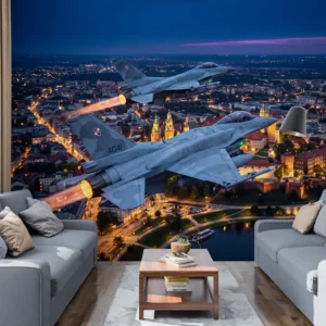 nd094w1 Fototapeta samolot wojskowy F-16 nad Krakowem nocą: Dwa F-16 Jastrząb z rozżarzonymi dopalaczami nad nocnym Krakowem, Wawelem i Wisłą.