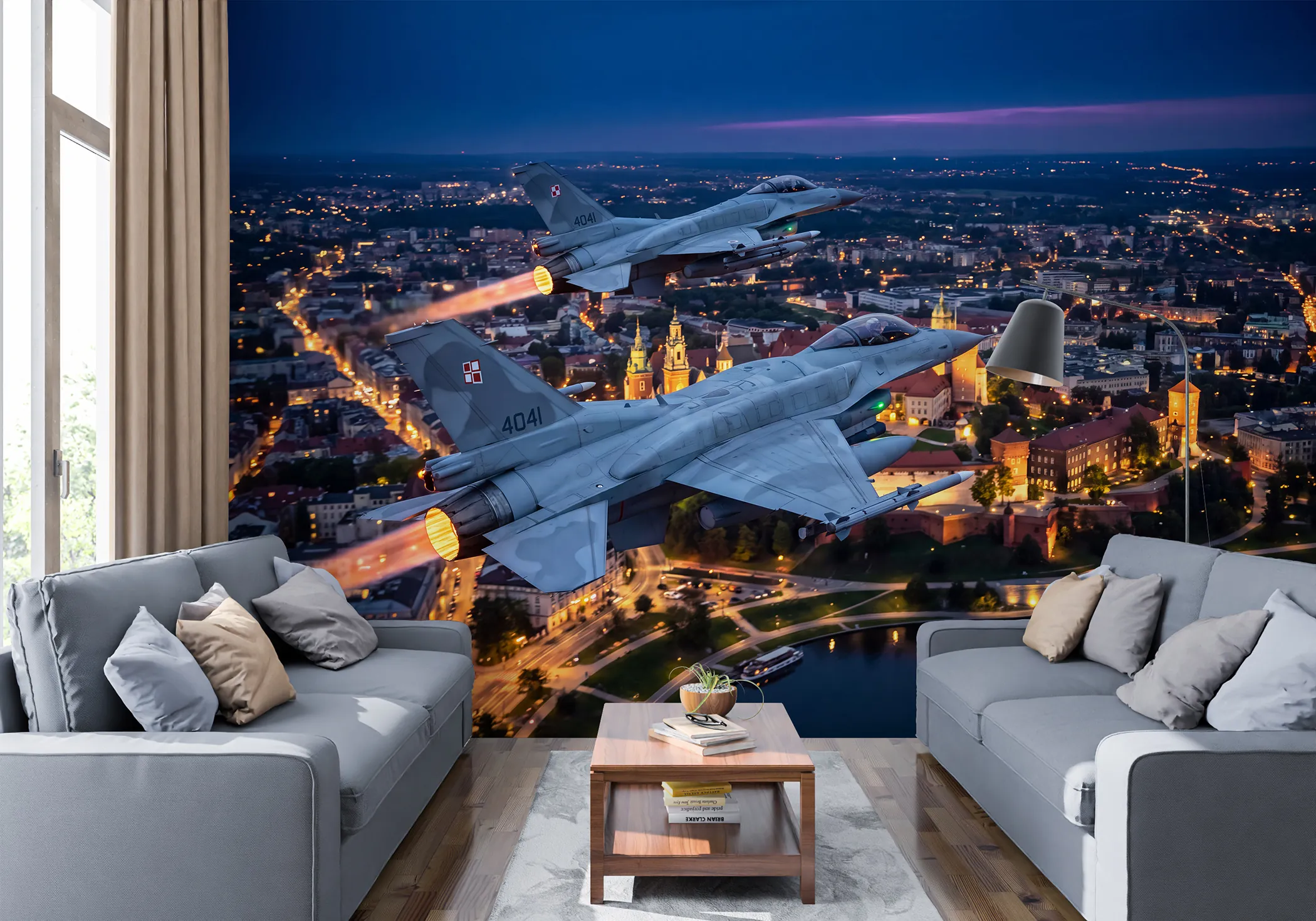 Fototapeta F-16 nad Krakowem nocą w eleganckim wnętrzu