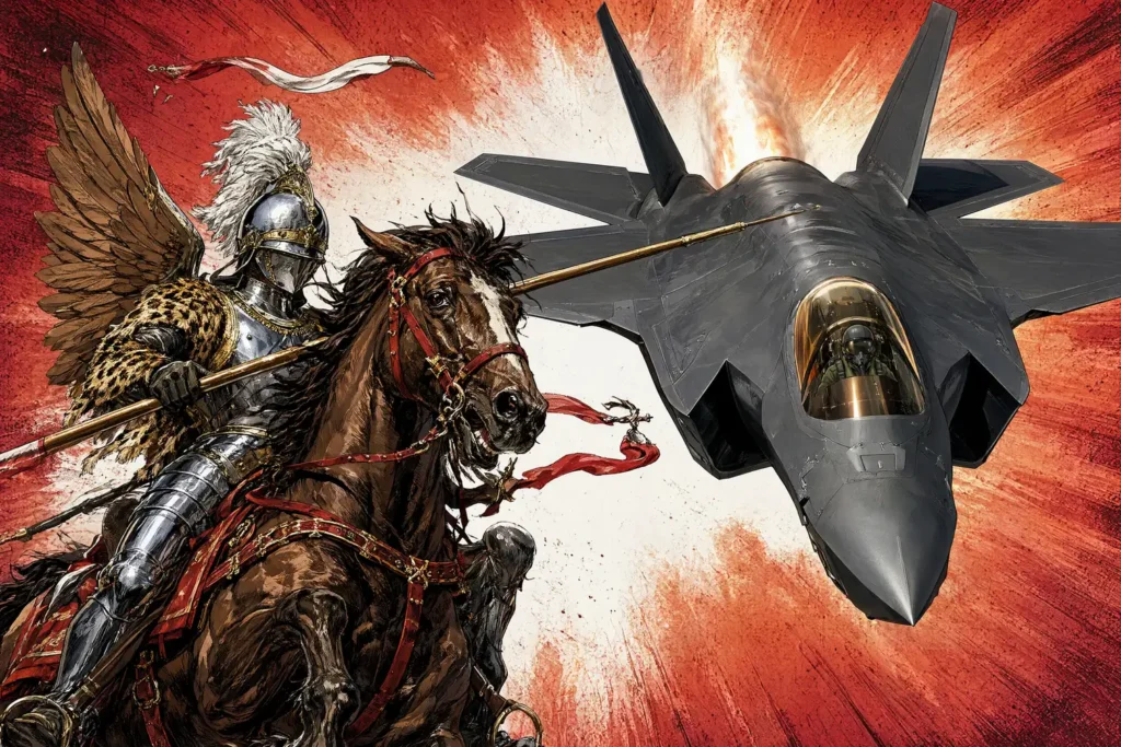 Husarz ze skrzydłami i kopią na koniu obok F-35, w stylu komiksowego plakatu z czerwonym wybuchem w tle.
