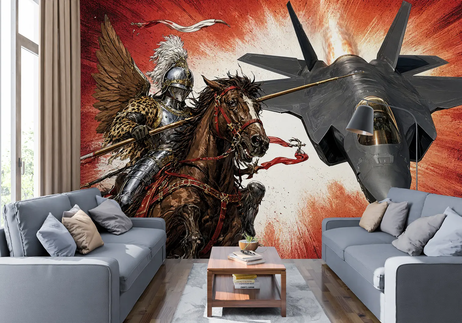 Fototapeta Husarz i F-35 w stylu komiksu w eleganckim wnętrzu