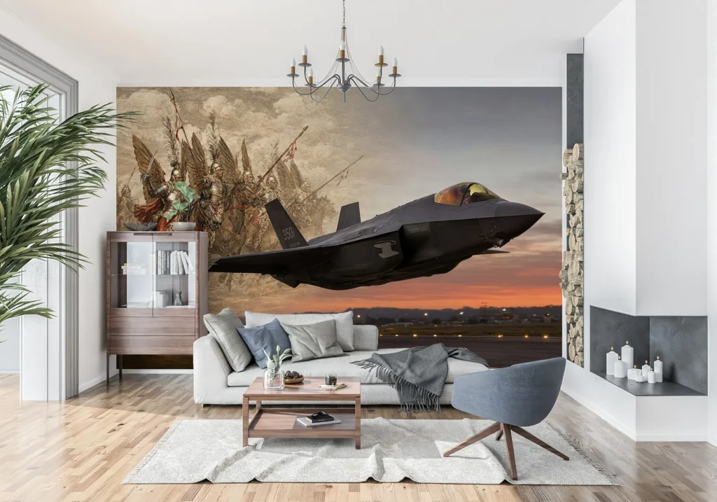 F-35 Husarz przelatujący nisko nad pasem startowym o zachodzie, z duchami husarii w chmurach nad lotniskiem.