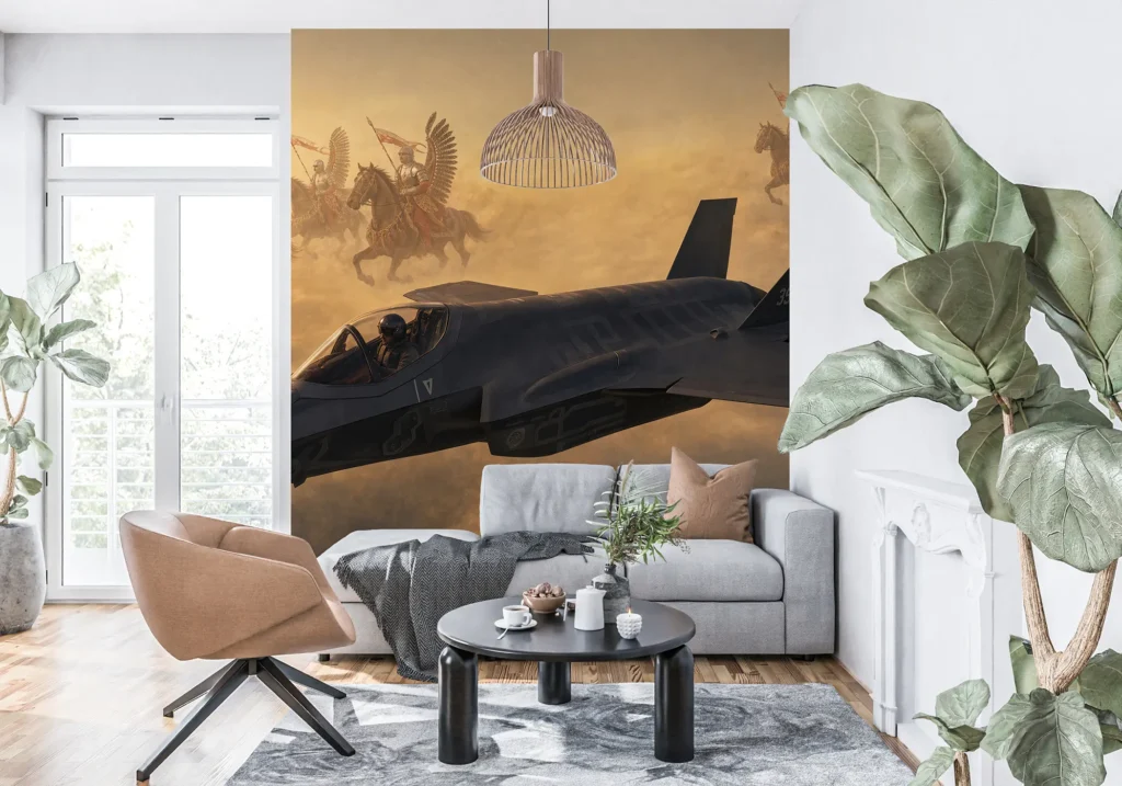 F-35 Husarz w złotej mgle, z husarią galopującą w oddali za kabiną maszyny.