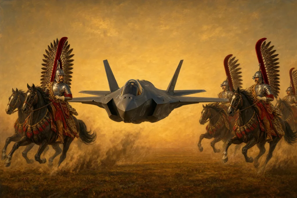 F-35 Husarz w locie pośrodku dwóch grup husarii galopującej w złotym kurzu o zachodzie.