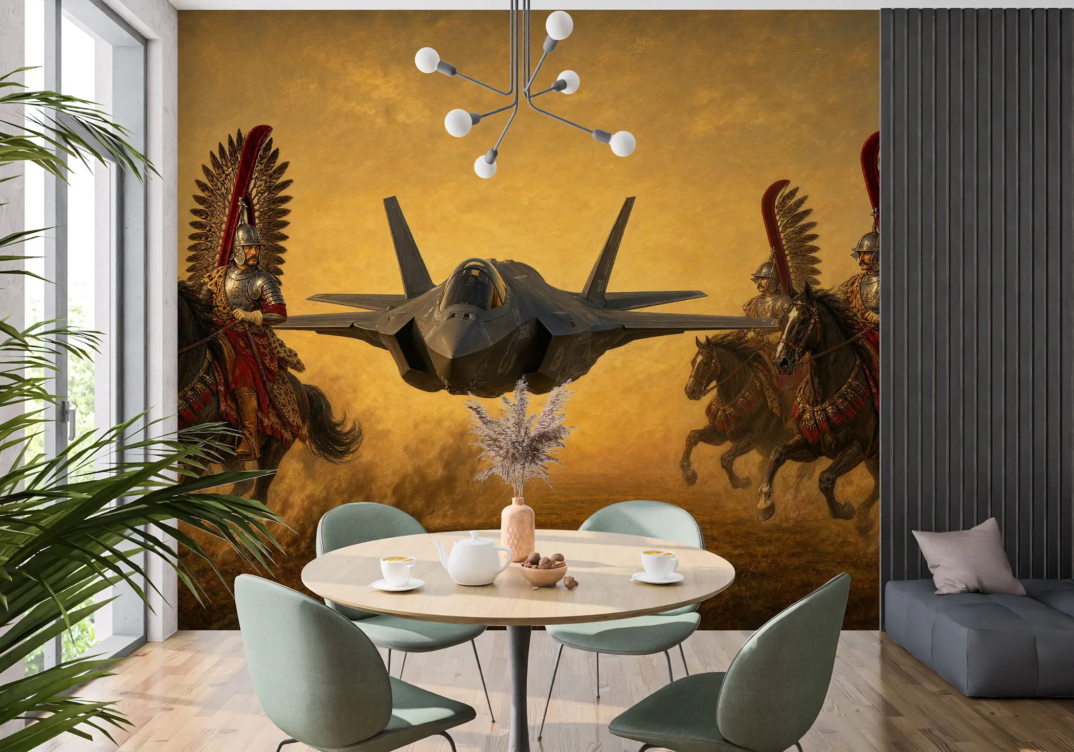 Fototapeta F-35 pośród husarii w eleganckim wnętrzu