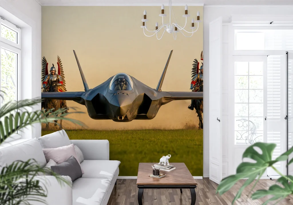 F-35 Husarz na łące z husarią galopującą po obu stronach, w pierwszych promieniach słońca.